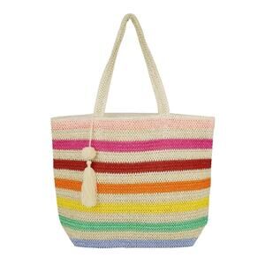 Striped Straw Crochet Tote Bag With Pom Pom Tassel